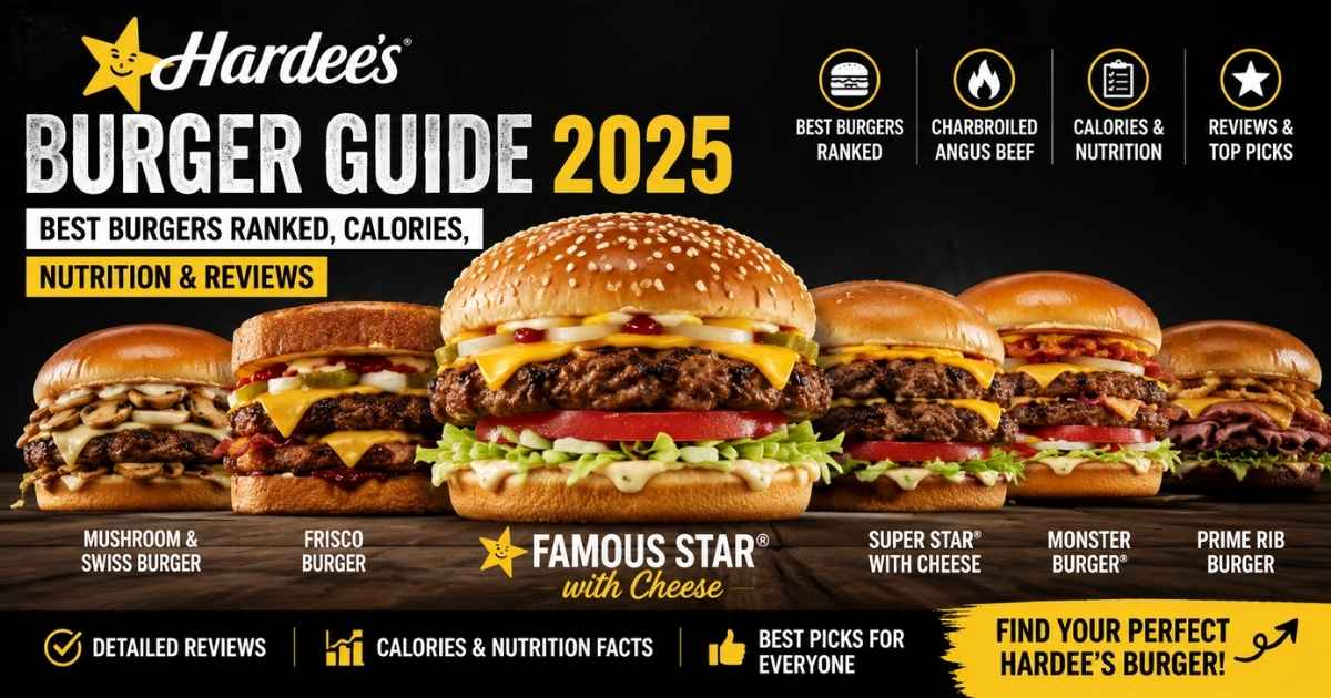 Hardee's burger guide featuring Famous Star, Frisco Burger, Monster Burger, Super Star, Mushroom & Swiss, and Prime Rib Burger with rankings, calories, nutrition facts, and reviews