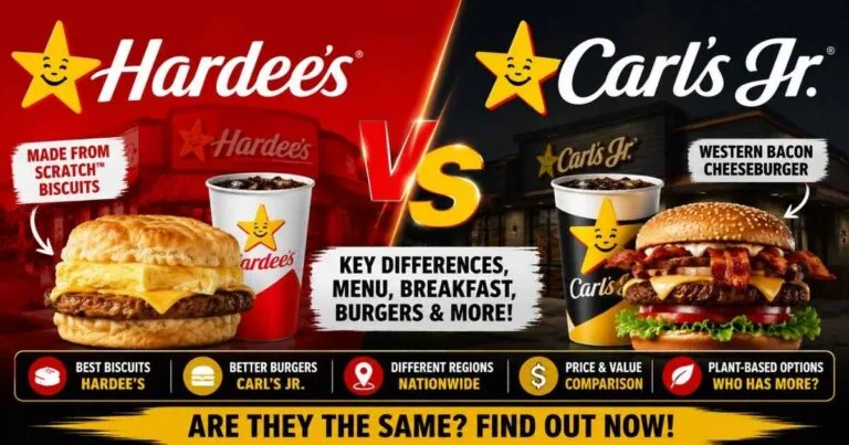 Hardee's vs Carl's Jr. comparison featuring breakfast biscuits, burgers, menu differences, and value comparison in 2026