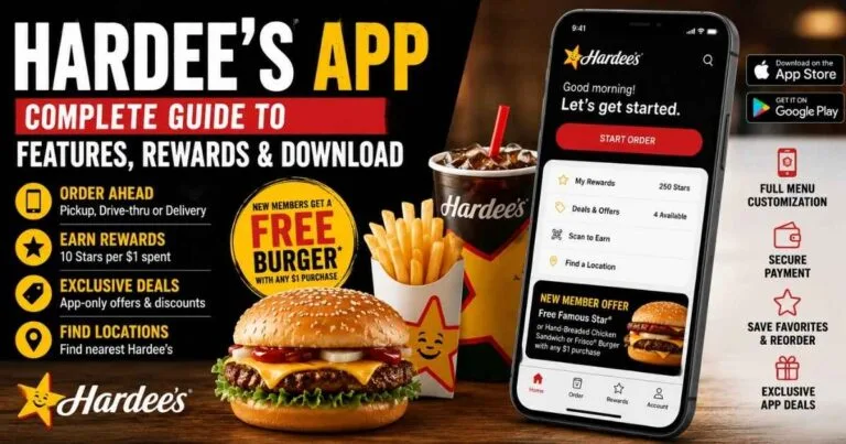 Hardee's app featured image showing mobile ordering, My Rewards program, exclusive deals, and app download options for iPhone and Android users.