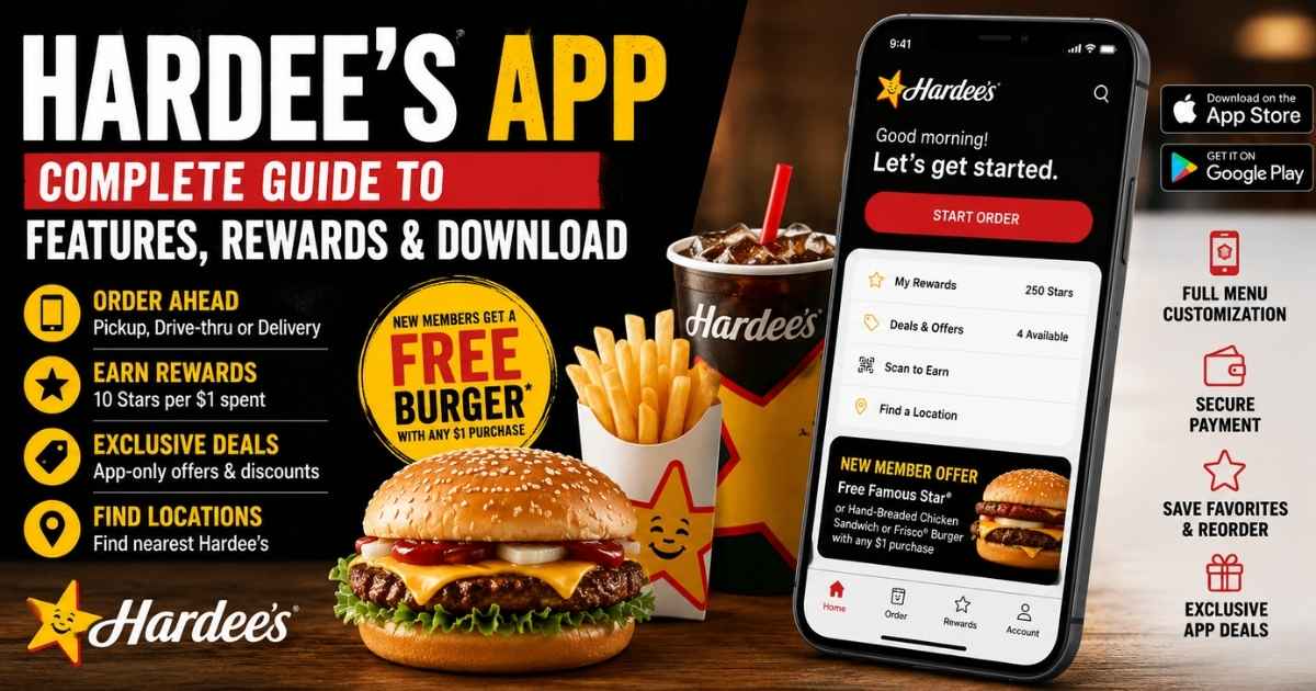 Hardee's app featured image showing mobile ordering, My Rewards program, exclusive deals, and app download options for iPhone and Android users.