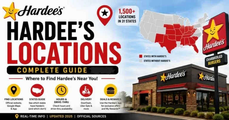 Hardee's locations guide showing a US map, restaurant location coverage, drive-thru, delivery, hours, and rewards information for 2026.