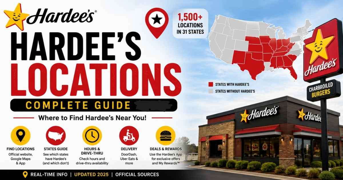 Hardee's locations guide showing a US map, restaurant location coverage, drive-thru, delivery, hours, and rewards information for 2026.