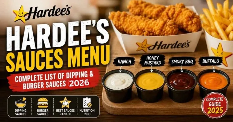Hardee's Sauces Menu featuring Ranch, Honey Mustard, Smoky BBQ, and Buffalo dipping sauces alongside chicken tenders and fries
