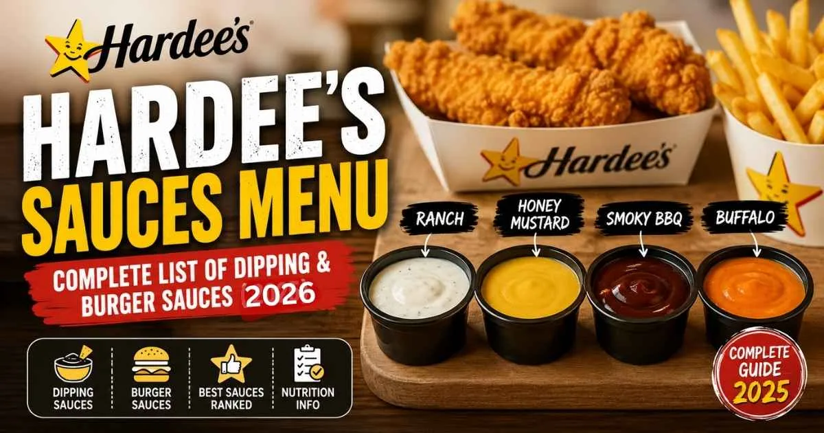 Hardee's Sauces Menu featuring Ranch, Honey Mustard, Smoky BBQ, and Buffalo dipping sauces alongside chicken tenders and fries