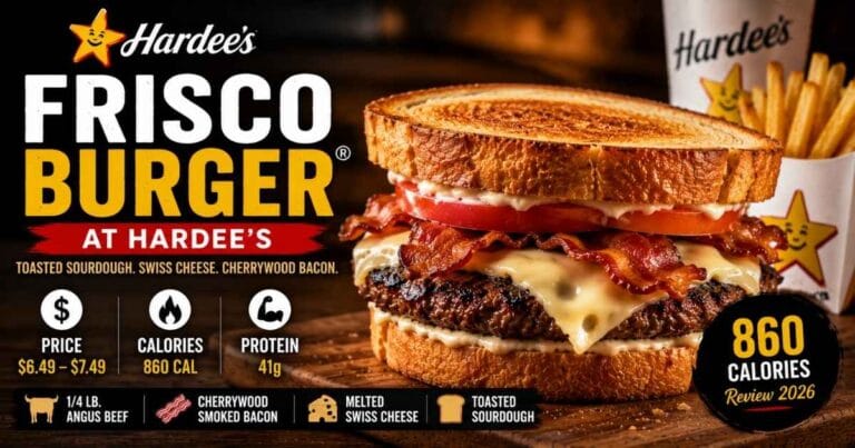 Hardee's Frisco Burger with toasted sourdough, bacon, Swiss cheese, price, calories, and review 2026
