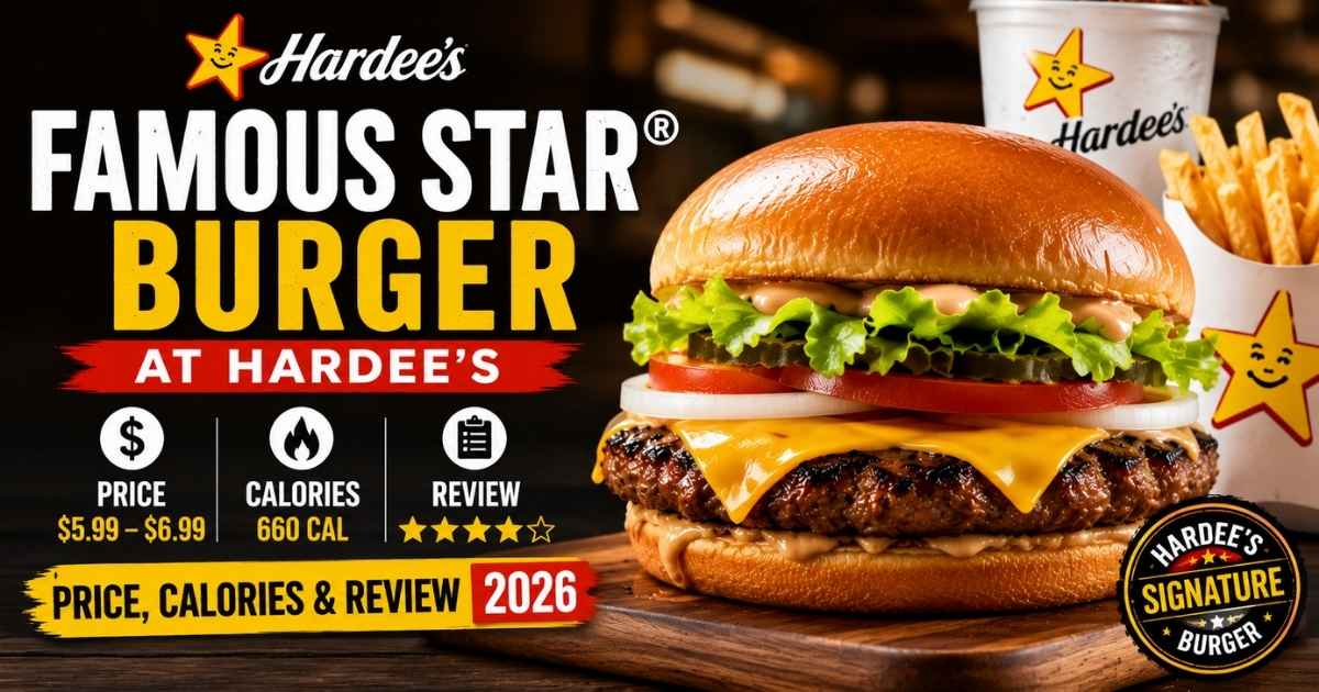 Hardee's Famous Star Burger with cheese, lettuce, tomato, pickles, and fries – price, calories, and review 2026