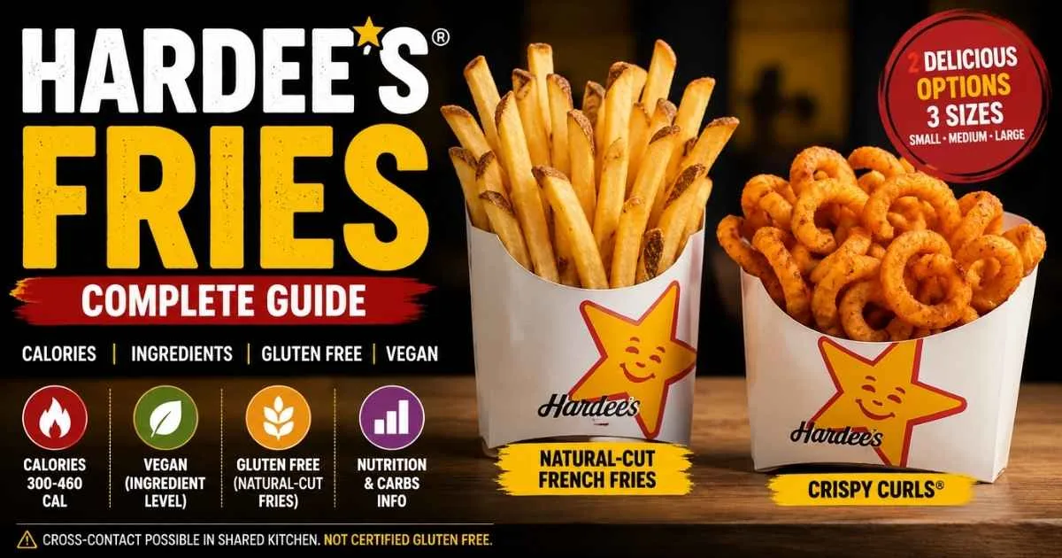 Hardee's Fries featuring Natural-Cut French Fries and Crispy Curls with calories, ingredients, gluten free and vegan guide