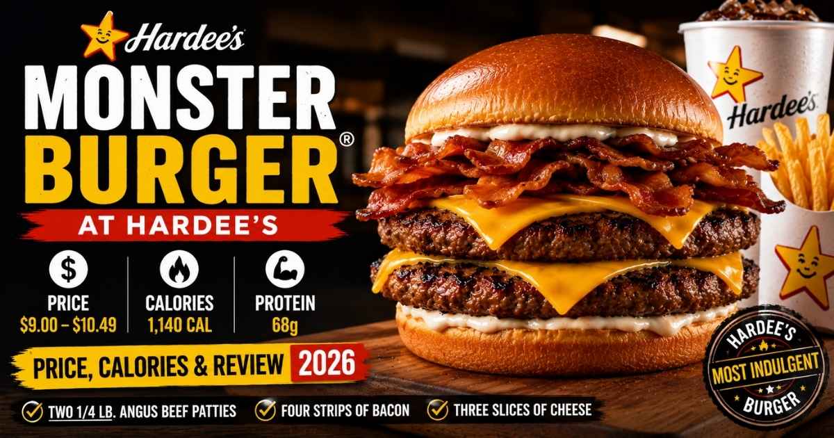 Monster Burger at Hardee's with price, calories, protein, and review 2026 featuring two Angus beef patties, bacon, and cheese