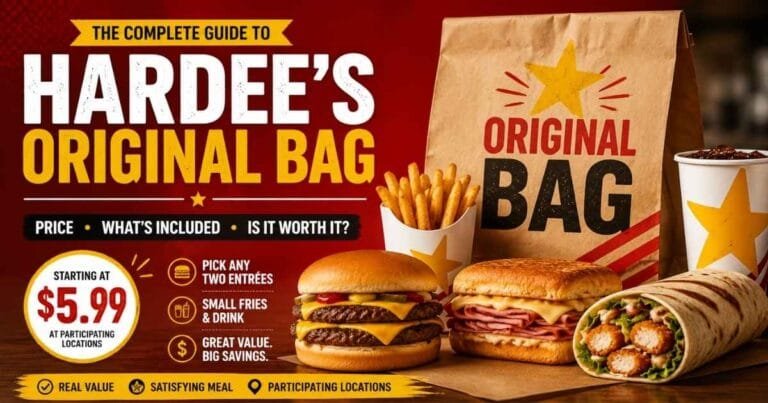 Hardee's Original Bag value meal featuring two entrées, fries, and a drink with current price and meal guide