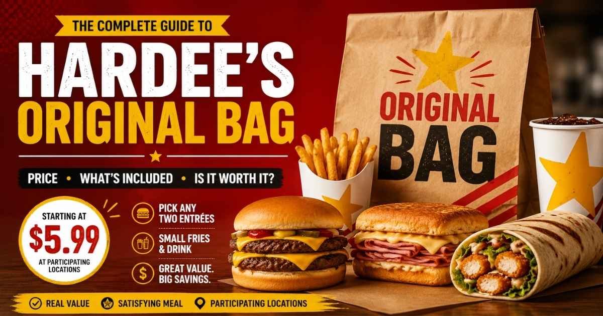 Hardee's Original Bag value meal featuring two entrées, fries, and a drink with current price and meal guide