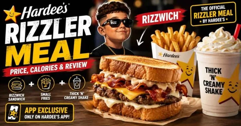 Hardee's Rizzler Meal featuring the Rizzwich sandwich, fries, and Thick 'N' Creamy Shake