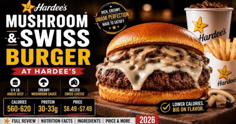 Hardee's Mushroom & Swiss Burger with Angus beef, Swiss cheese, creamy mushroom sauce, and toasted brioche bun.