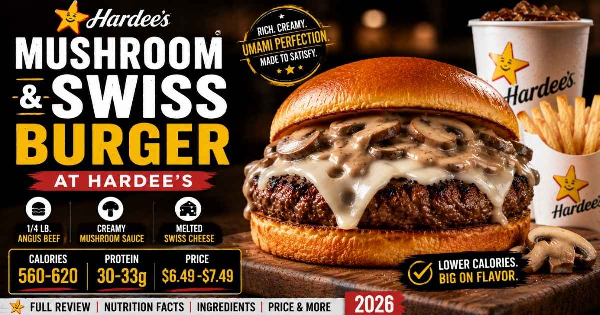 Hardee's Mushroom & Swiss Burger with Angus beef, Swiss cheese, creamy mushroom sauce, and toasted brioche bun.