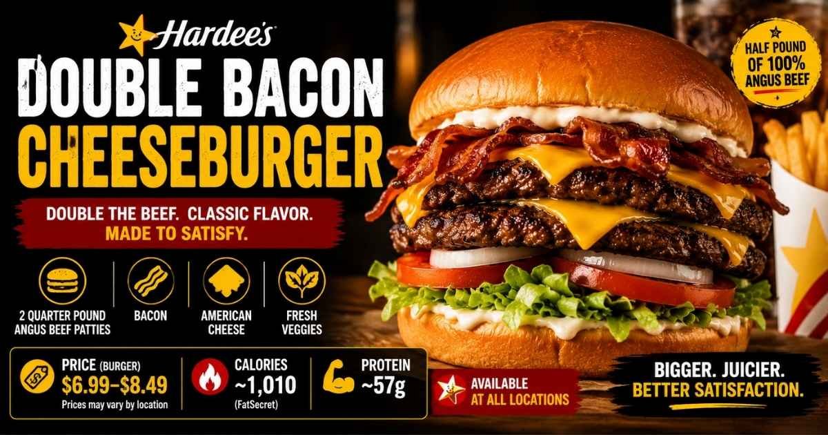 Hardee's Double Bacon Cheeseburger featuring two Angus beef patties, crispy bacon, American cheese, lettuce, tomato, and onions on a brioche bun.