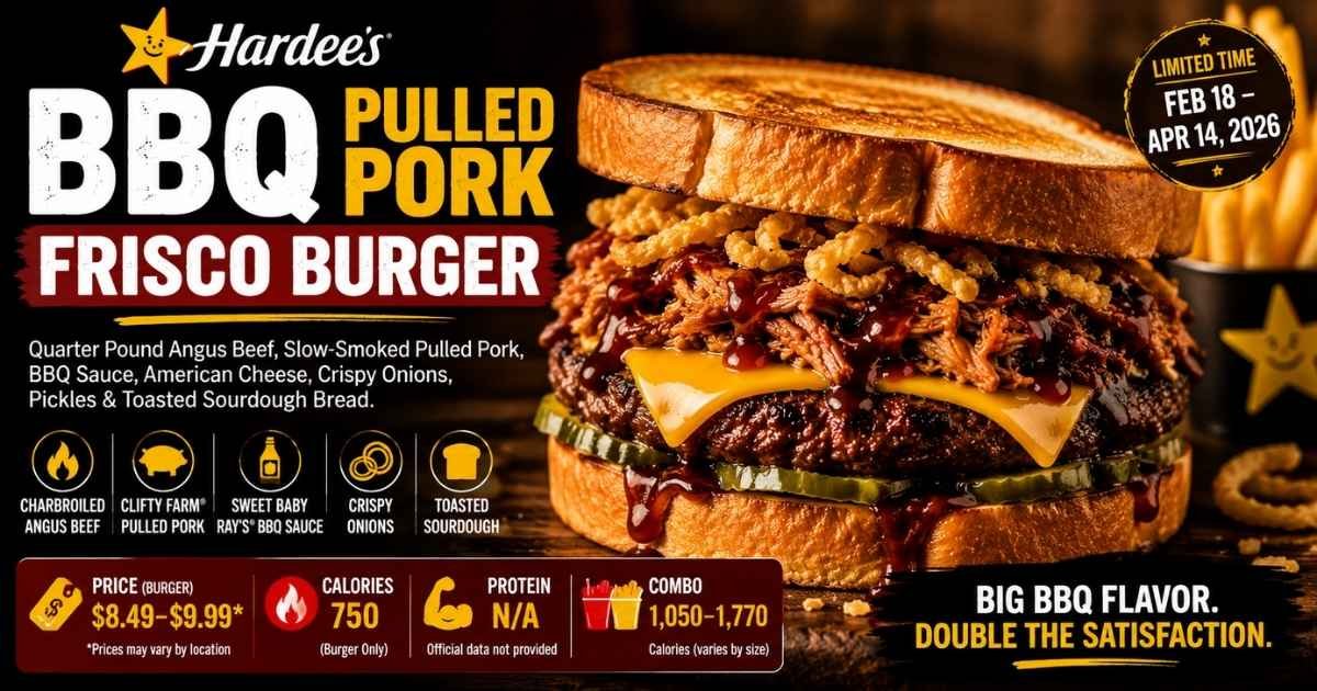 Hardee's BBQ Pulled Pork Frisco Burger featuring charbroiled Angus beef, slow-smoked pulled pork, Sweet Baby Ray's BBQ sauce, crispy onions, pickles, and toasted sourdough bread.