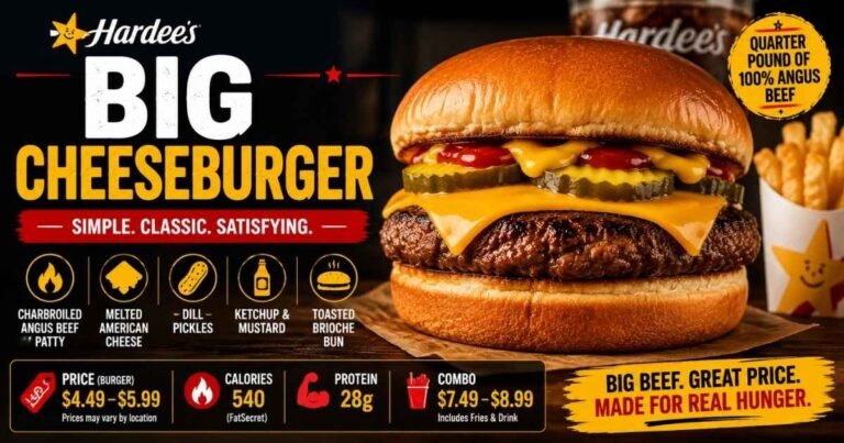 Hardee's Big Cheeseburger featuring a quarter-pound Angus beef patty, American cheese, pickles, ketchup, and mustard on a toasted brioche bun.