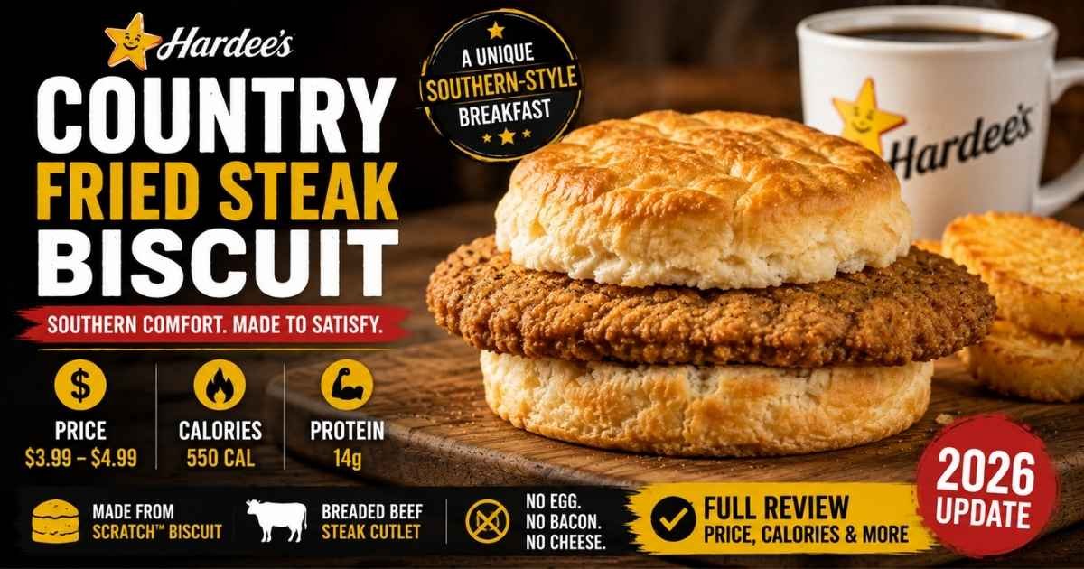 Hardee’s Country Fried Steak Biscuit with breaded beef steak cutlet on a freshly baked biscuit