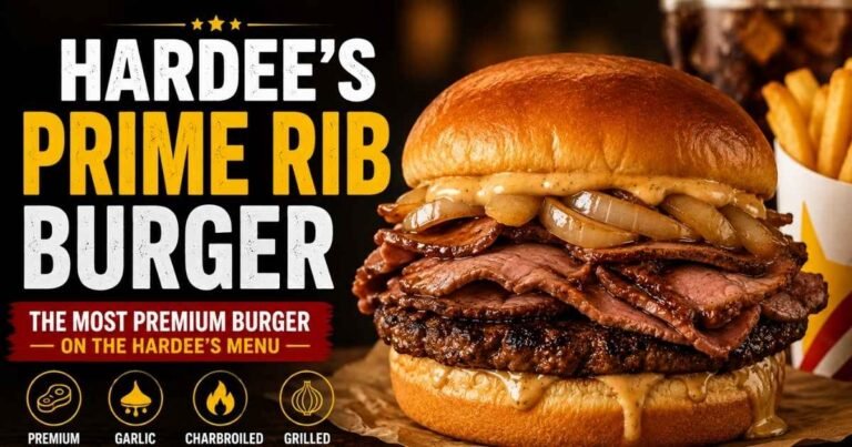 Hardee's Prime Rib Burger with Angus beef, au jus-dipped prime rib, garlic cheddar sauce, grilled onions, and toasted brioche bun.
