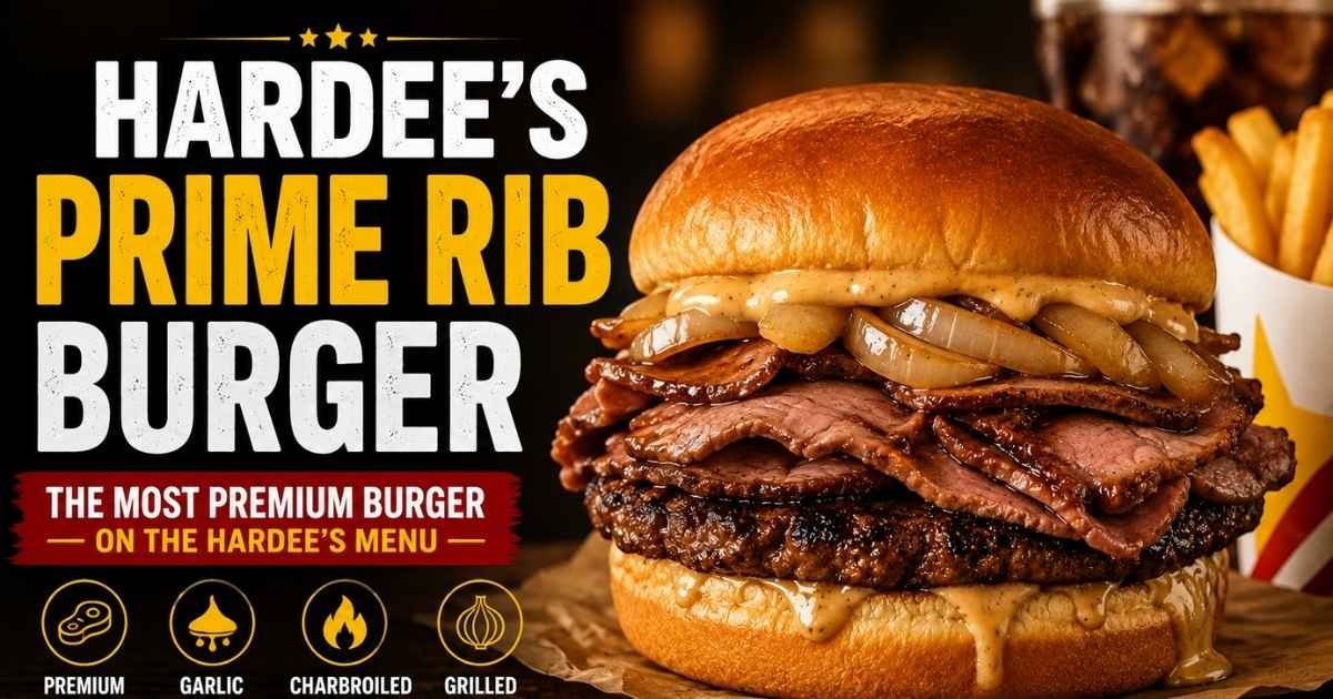 Hardee's Prime Rib Burger with Angus beef, au jus-dipped prime rib, garlic cheddar sauce, grilled onions, and toasted brioche bun.