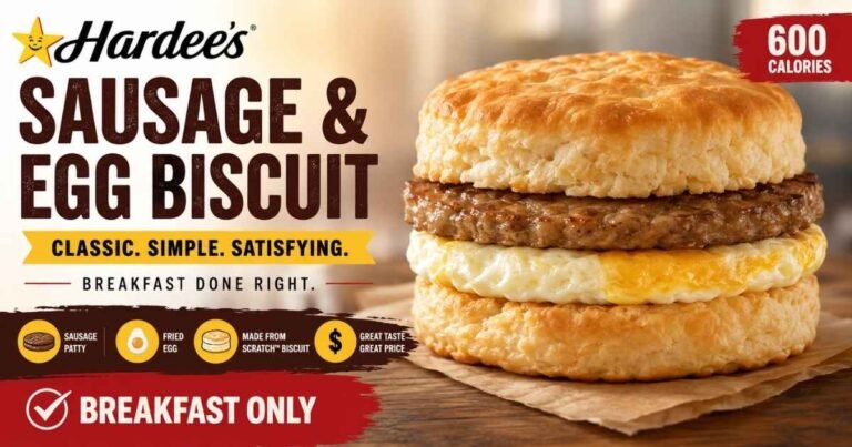 Hardee's Sausage & Egg Biscuit with sausage patty, fried egg, and Made From Scratch biscuit