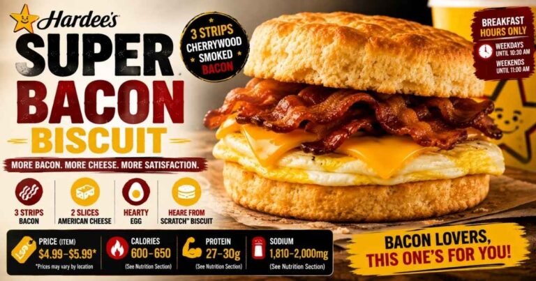 Hardee's Super Bacon Biscuit with three strips of cherrywood smoked bacon, egg, and American cheese on a Made From Scratch biscuit